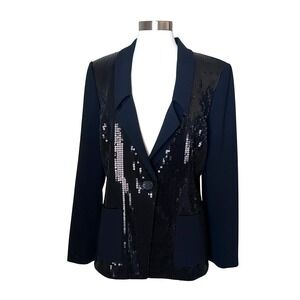 St John Black Front Sequin Blazer Jacket Women's Size 12 One Button Evening Wear